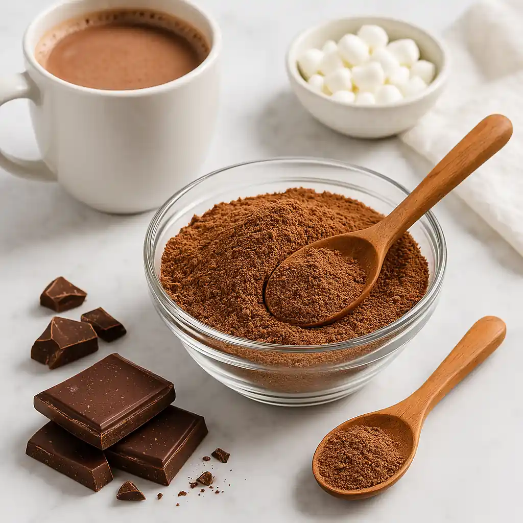 A landscape-oriented, modern flat-lay of a homemade hot cocoa mix without dry milk, artfully arranged with vibrant cocoa powder, marshmallows, cinnamon sticks, and steaming hot chocolate in a white ceramic mug on a clean, light-colored background.