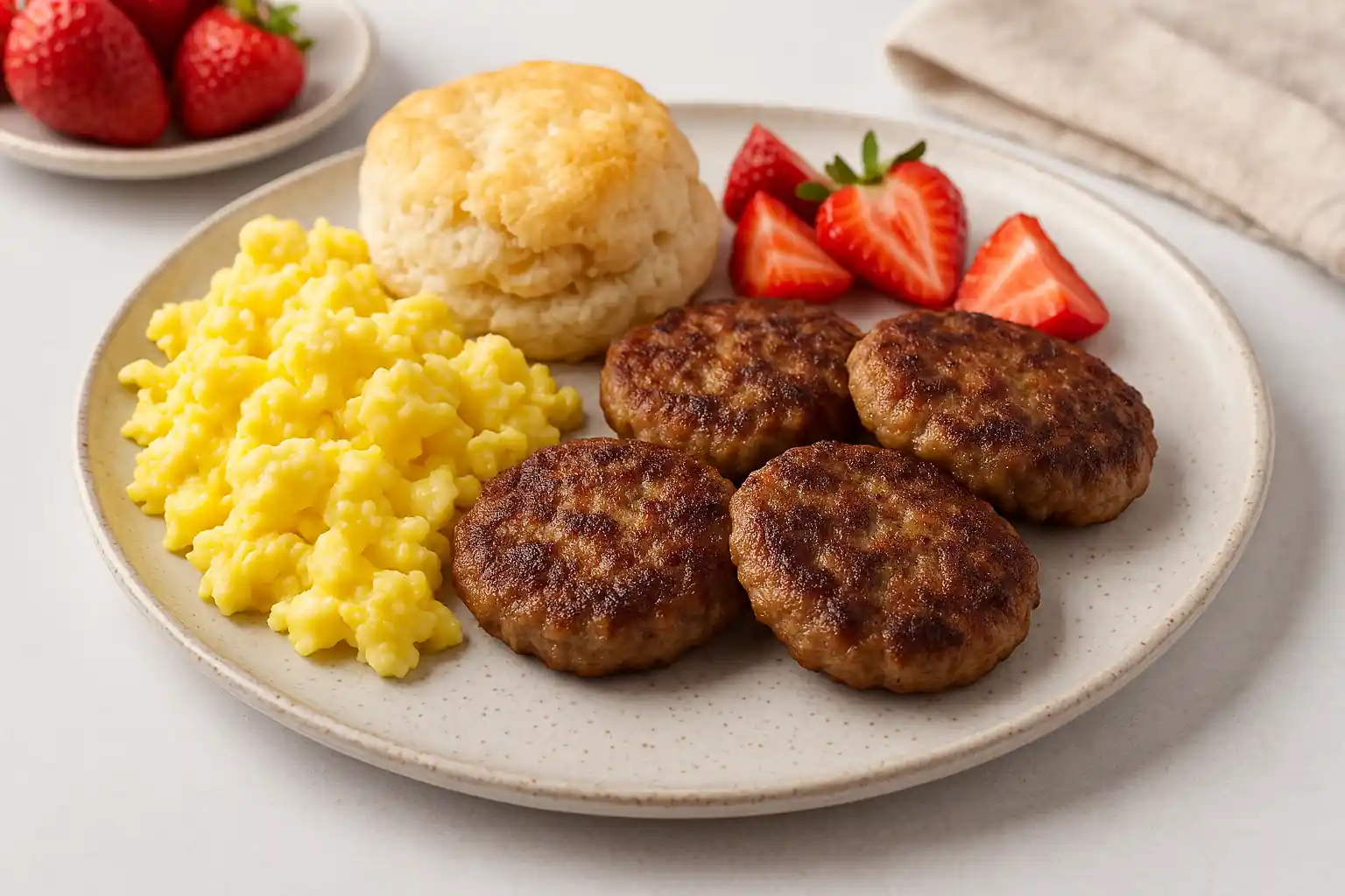 Landscape image of homemade Jimmy Dean-style breakfast sausages served with eggs and herbs on a clean white plate, against a bright, minimalist background with soft shadows.