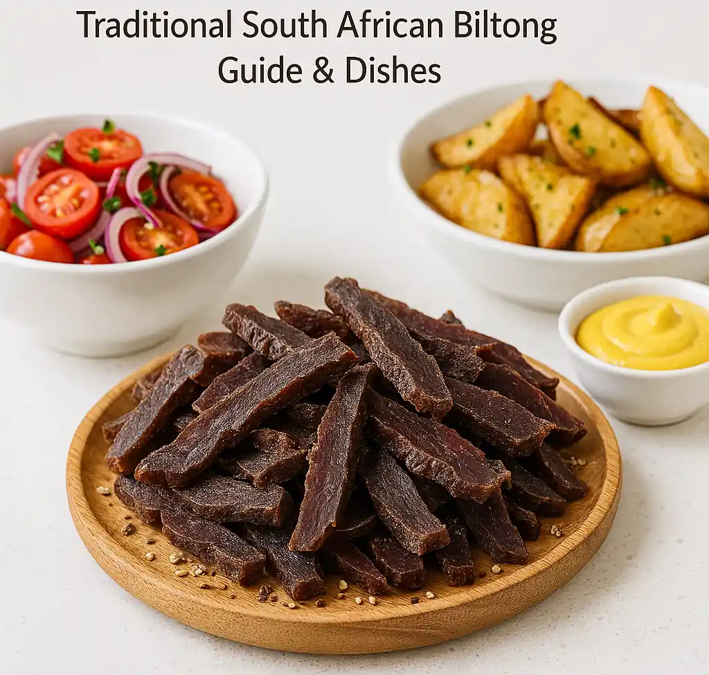 A vibrant, landscape-style image showcasing fresh, well-plated South African biltong alongside traditional side dishes. The composition features realistic textures, soft shadows, and a bright, modern aesthetic with a clean background.