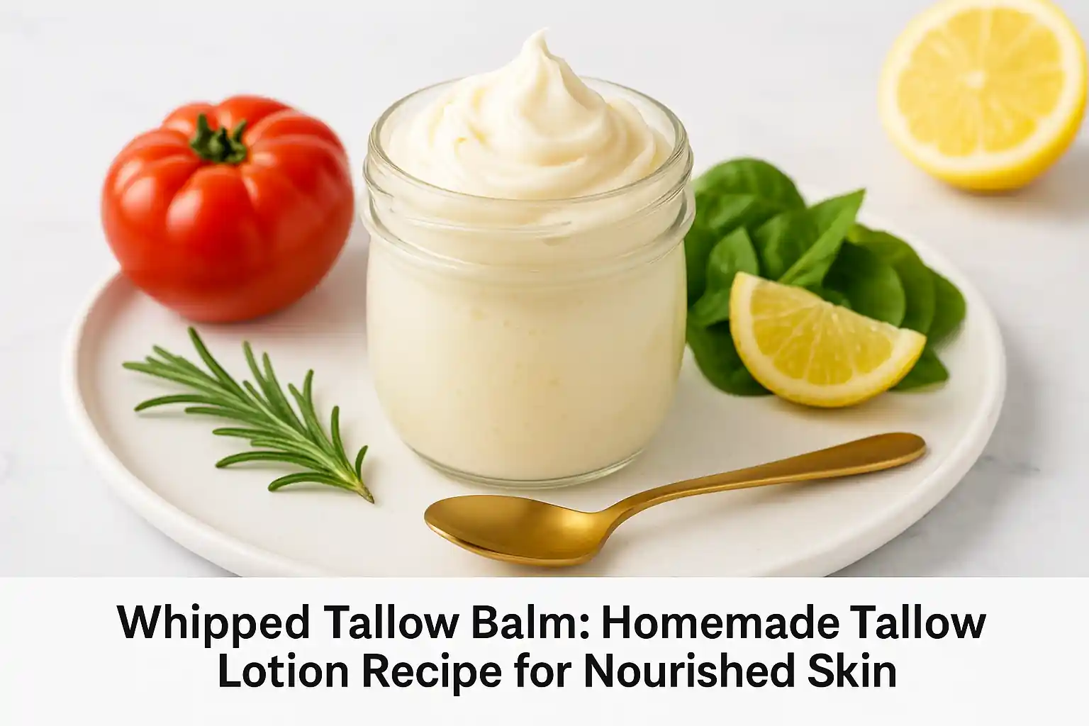 Bright landscape image of a well-plated, whipped tallow balm styled as a gourmet dish; creamy texture with herbal garnish, set against a clean white background with soft shadows.