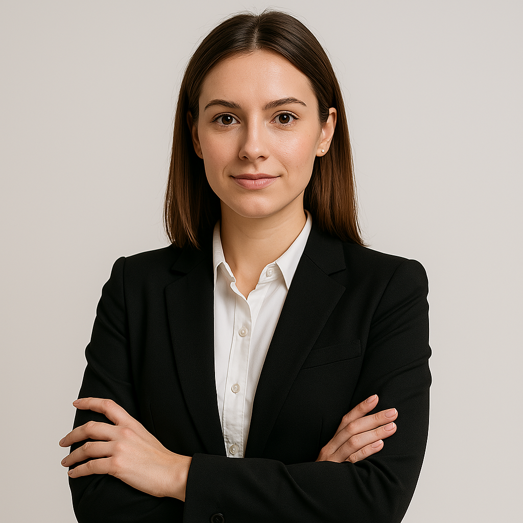 A high-resolution, landscape-oriented image of a professional woman confidently posing in a modern setting. She’s dressed in elegant, business-style attire with a friendly yet poised expression — ideal for use as an author profile on food blogs or recipe platforms.