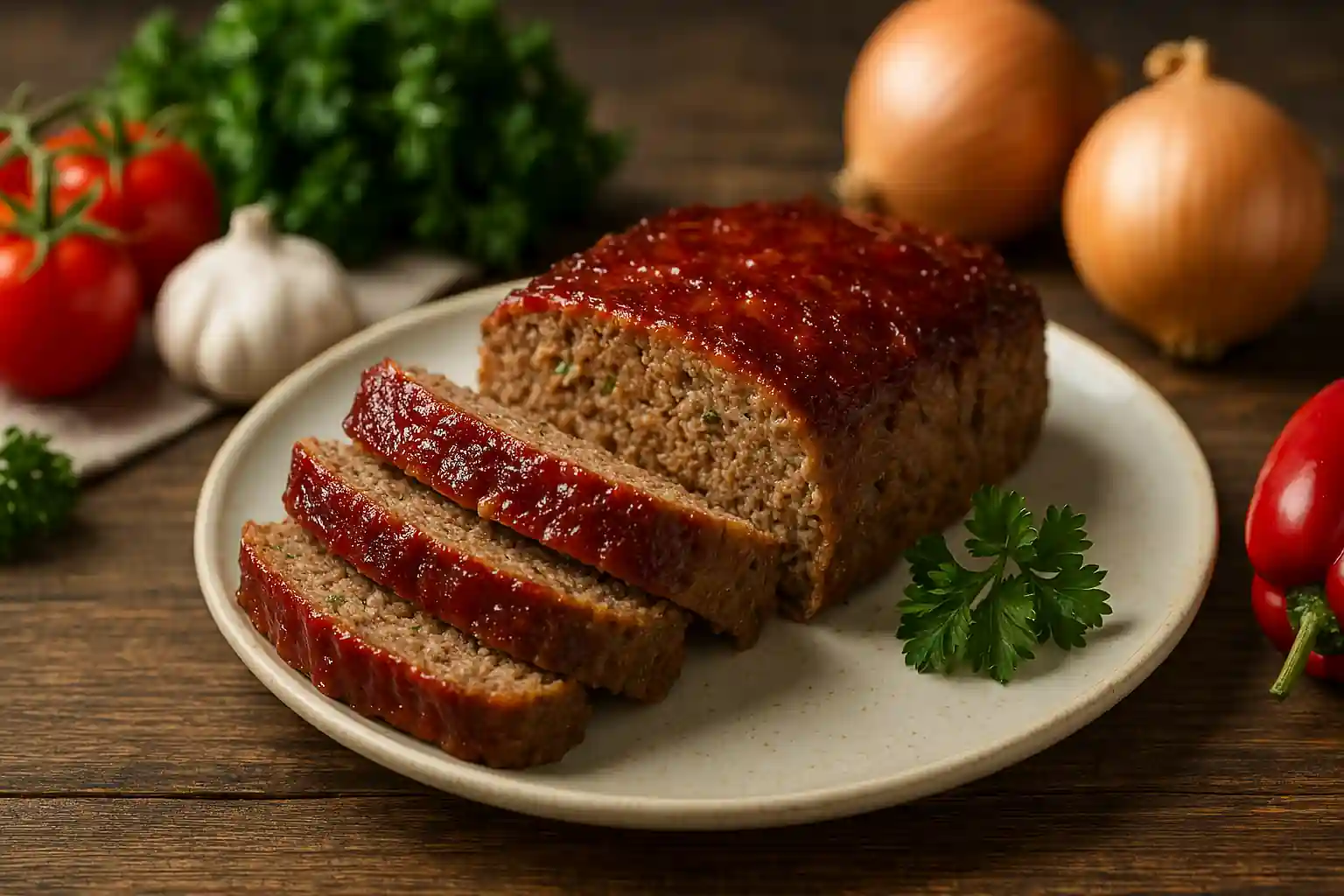 Horizontal image of moist, breadcrumb-free meatloaf slices arranged on a ceramic plate atop a rustic wooden table, surrounded by fresh herbs, garlic, and onions in warm natural lighting with a cozy kitchen background.