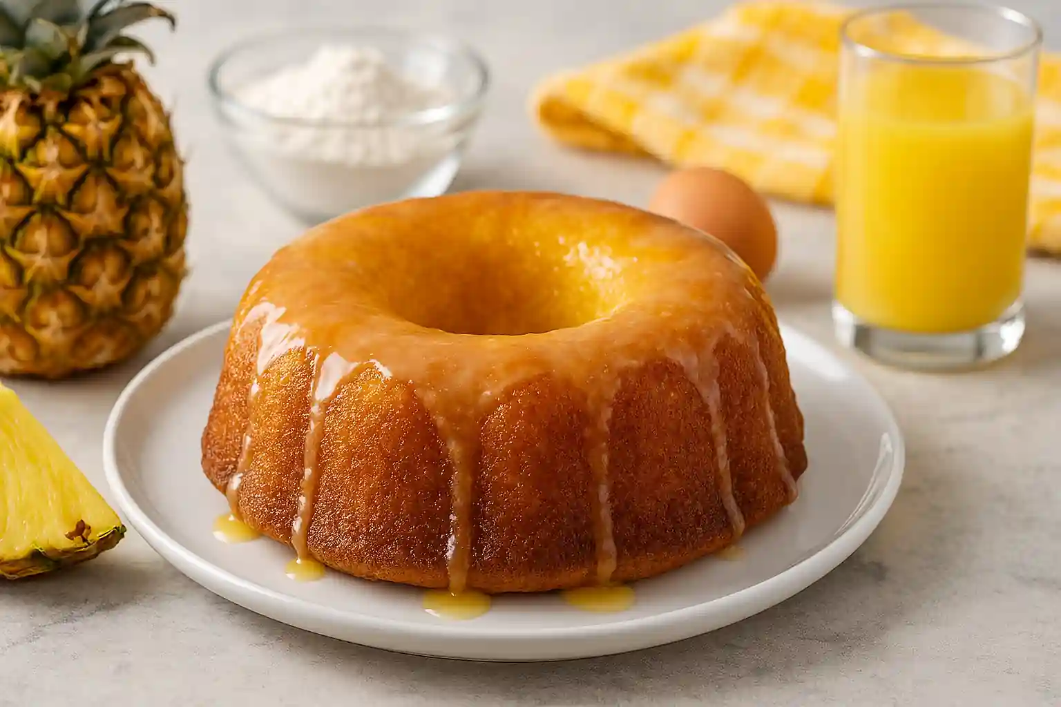 Moist pineapple juice cake with glossy glaze plated on rustic wood, surrounded by fresh pineapple and baking ingredients, in warm natural kitchen lighting.