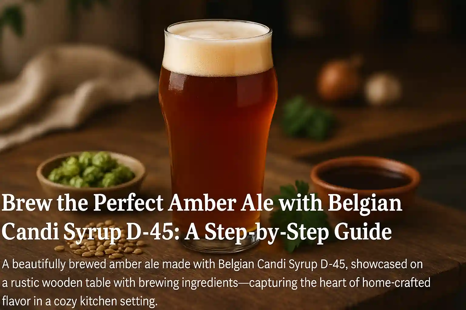 Horizontal featured image of a classic amber ale brewed with Belgian Candi Syrup D-45, served in a clear glass on a rustic wooden table, surrounded by hops, malt, and fresh ingredients. Natural lighting highlights the warm amber hue in a cozy kitchen ambiance.