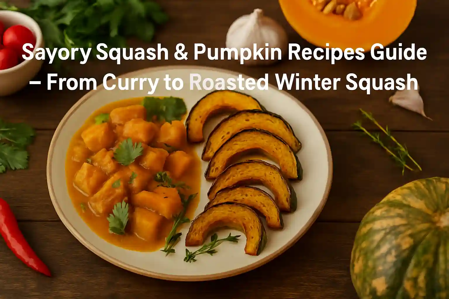 A horizontally plated savory squash and pumpkin dish on a rustic wooden table, surrounded by seasonal vegetables and warm kitchen lighting—perfect for a food blog feature.