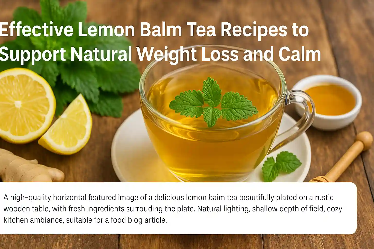 A cozy horizontal image of lemon balm tea served in elegant cups on a rustic wooden table, surrounded by fresh lemon balm leaves, honey, lemon slices, and calming herbs, with natural lighting and shallow focus.