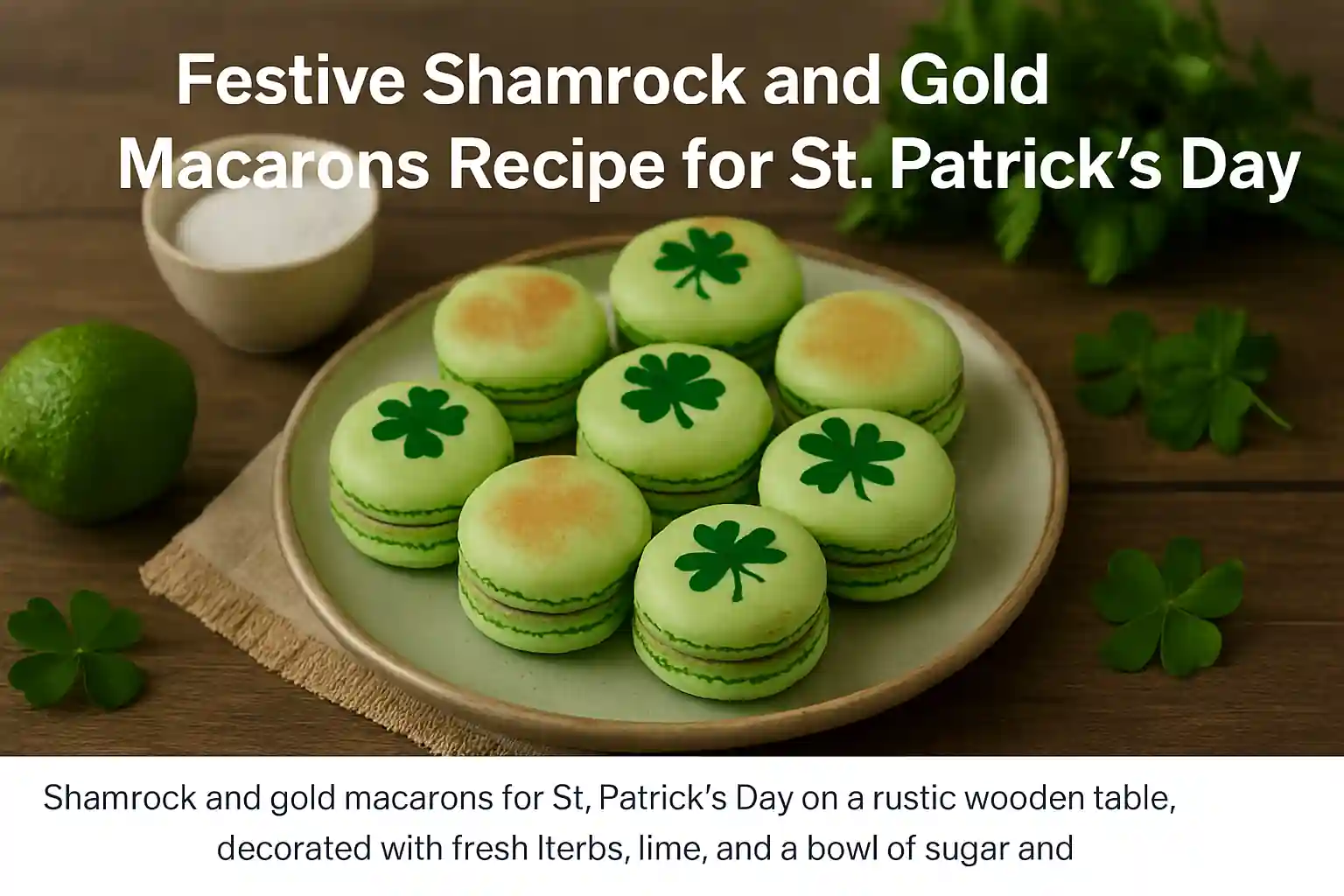 1280x720 horizontal image of shamrock green and gold macarons on a rustic wooden table. Fresh mint, pistachios, and vanilla pods surround the plate. The natural lighting and shallow depth of field create a warm kitchen atmosphere ideal for festive food photography.