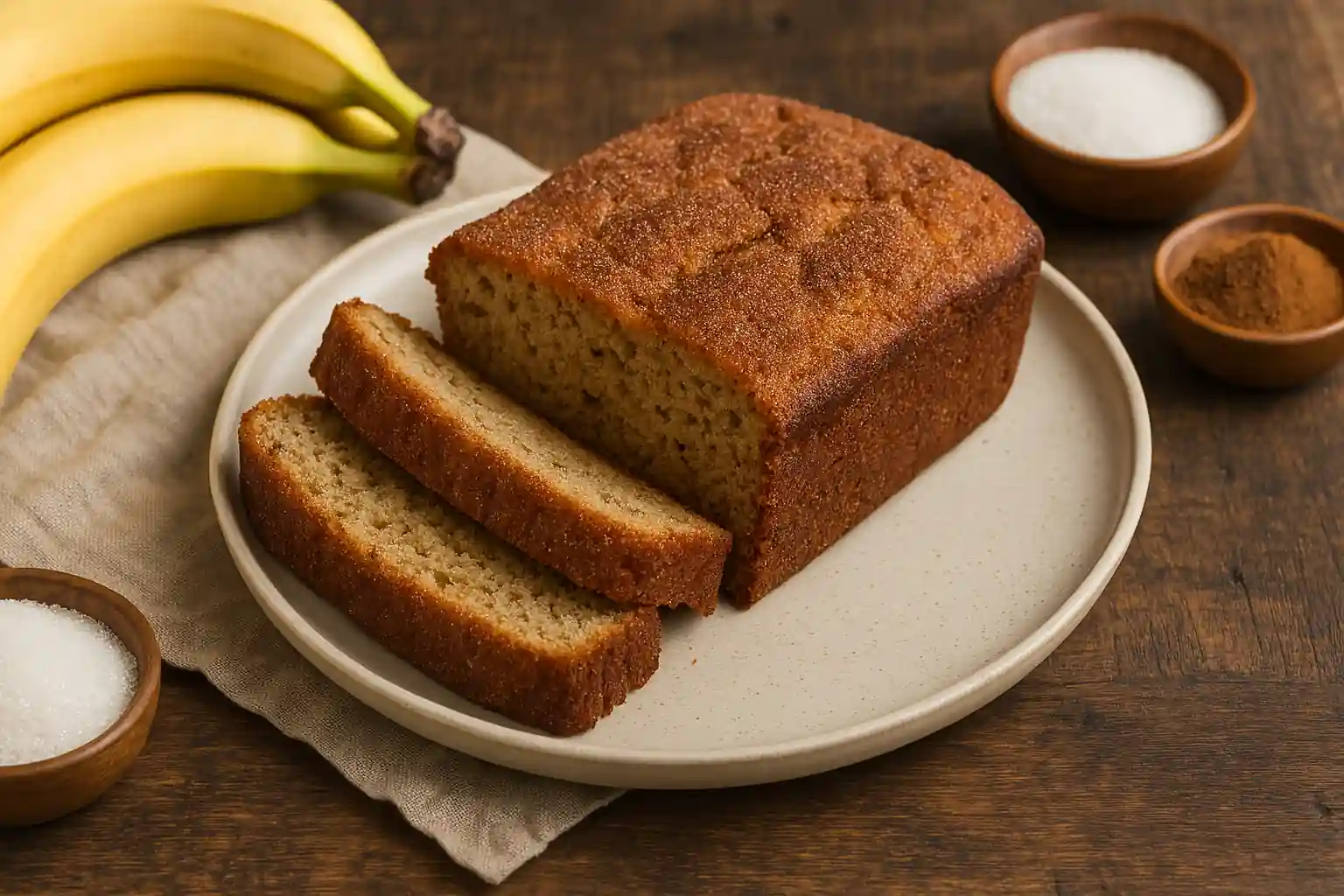 Snickerdoodle Banana Bread on a rustic wooden table, surrounded by fresh ingredients with cozy natural lighting