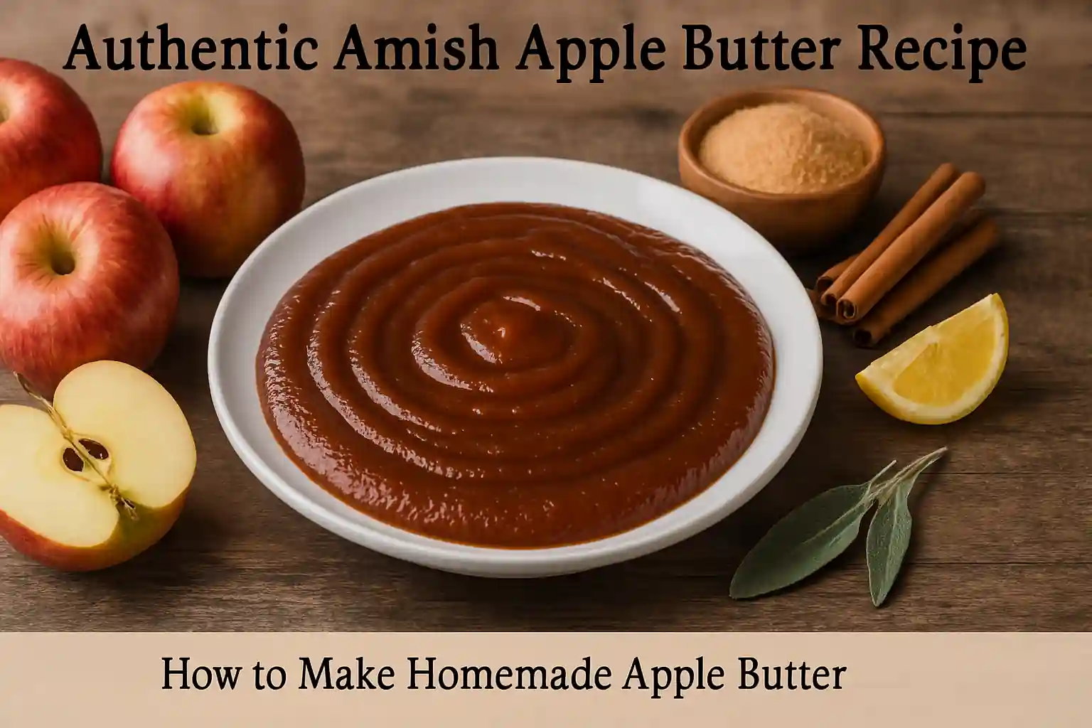 Horizontal image of homemade Amish apple butter plated on a rustic wooden table, surrounded by fresh apples and cinnamon sticks, in warm natural light and a cozy kitchen setting.