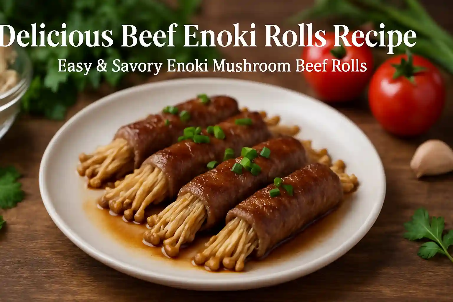 A horizontal image of beautifully plated beef enoki rolls on a rustic wooden table, surrounded by fresh vegetables and mushrooms, with warm natural lighting and a shallow depth of field creating a cozy kitchen atmosphere.
