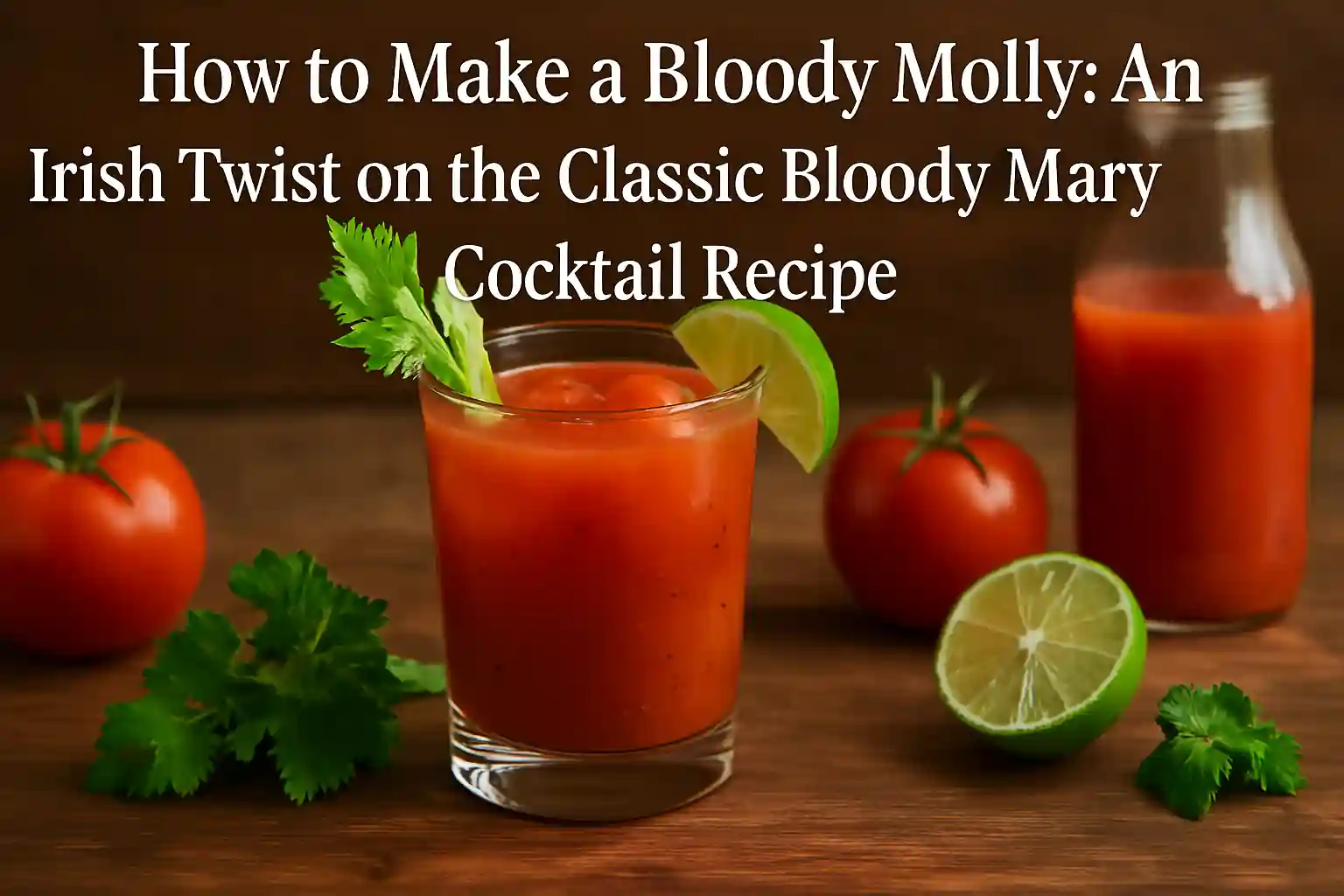 A beautifully styled Bloody Molly cocktail on a rustic wooden table surrounded by fresh ingredients, with warm natural lighting and a cozy kitchen background.
