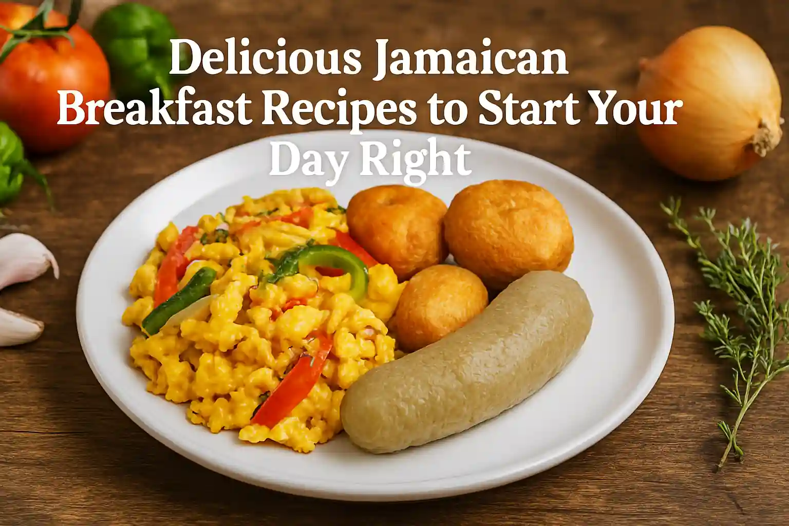 Beautifully plated Jamaican breakfast with ackee, saltfish, fried plantains, and fresh produce on a rustic wooden table, captured with natural lighting and a warm kitchen vibe.