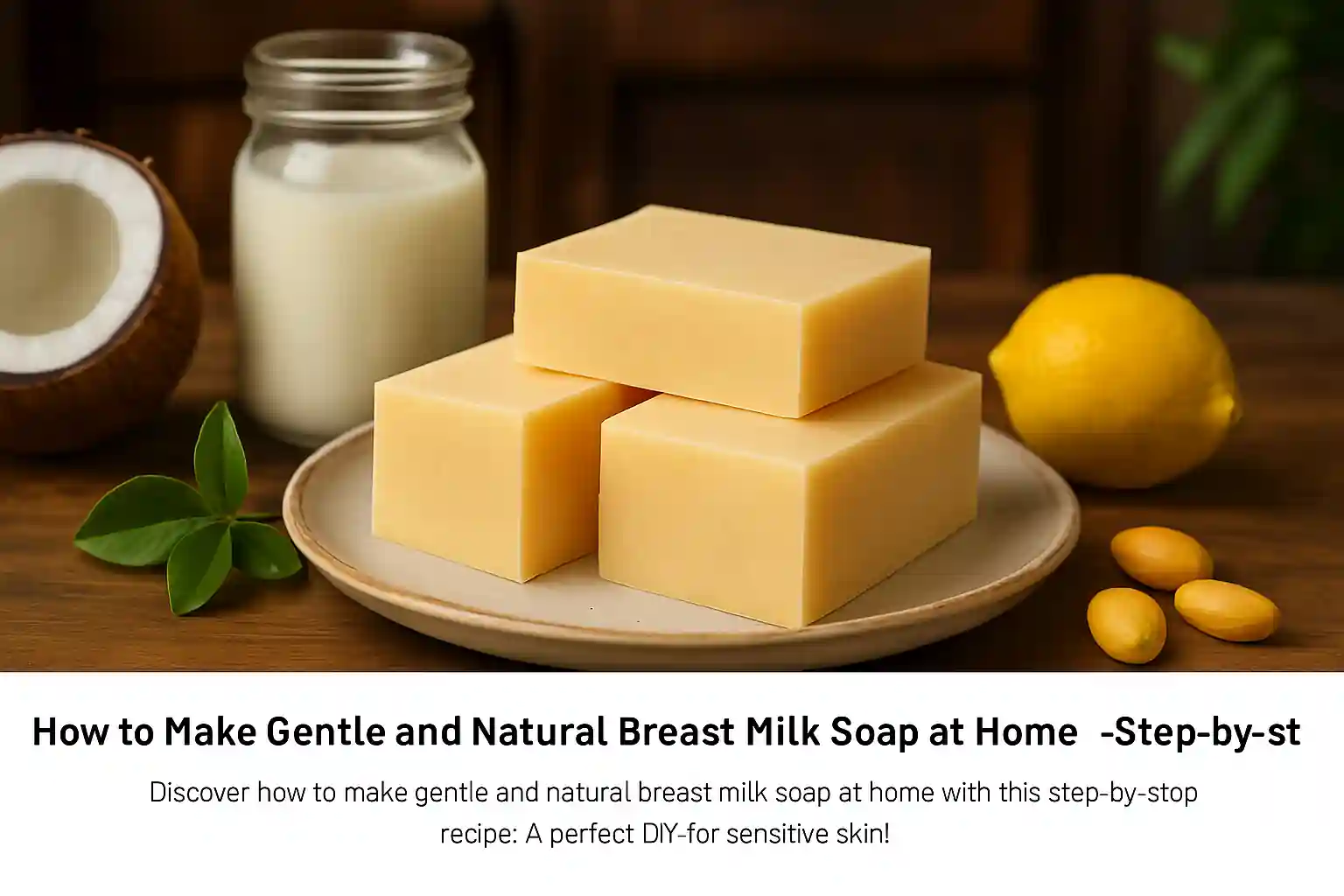 Horizontal featured image of a homemade breast milk soap recipe, artistically arranged on a rustic wooden table surrounded by fresh natural ingredients, with soft lighting and a cozy kitchen background.