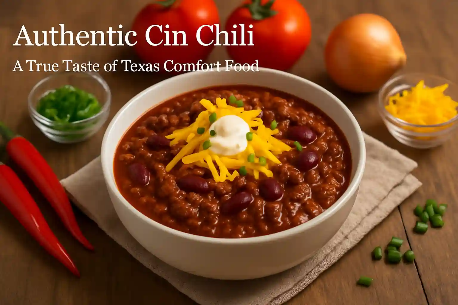 Authentic Texas-style Cin Chili served on a rustic wooden table, surrounded by fresh peppers, onions, and herbs with natural lighting and cozy kitchen ambiance.