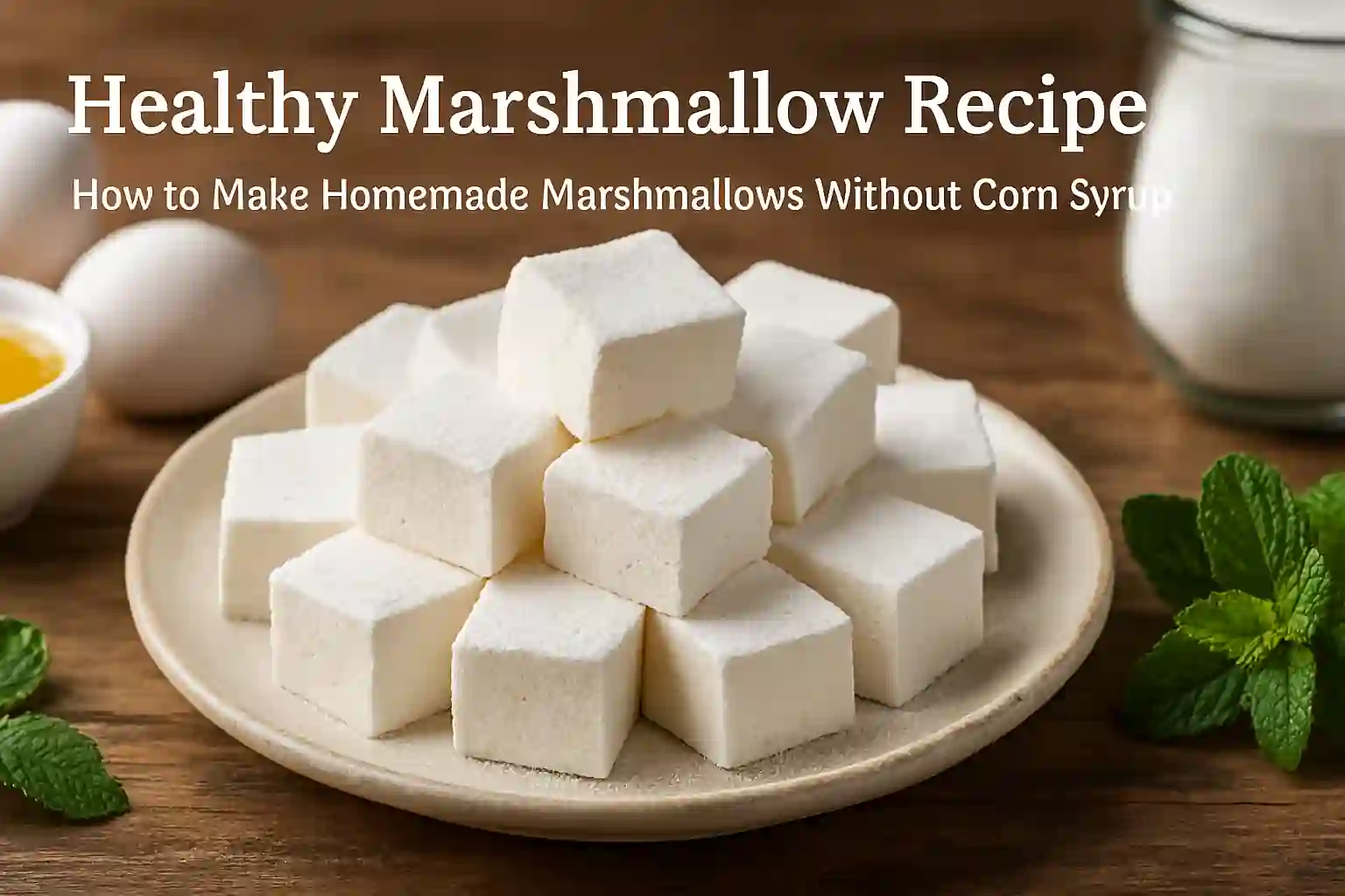Healthy marshmallows plated on a rustic wooden table surrounded by fresh ingredients, captured in cozy kitchen lighting with a shallow depth of field.
