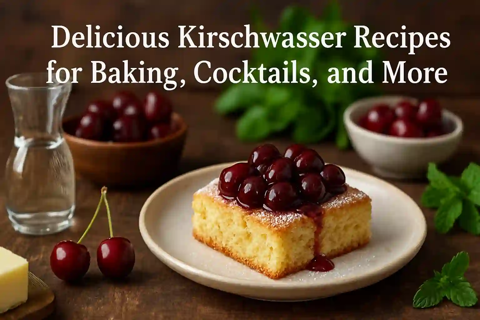 Kirschwasser-based dish plated on a rustic wooden table with fresh ingredients, natural lighting, and cozy kitchen ambiance.