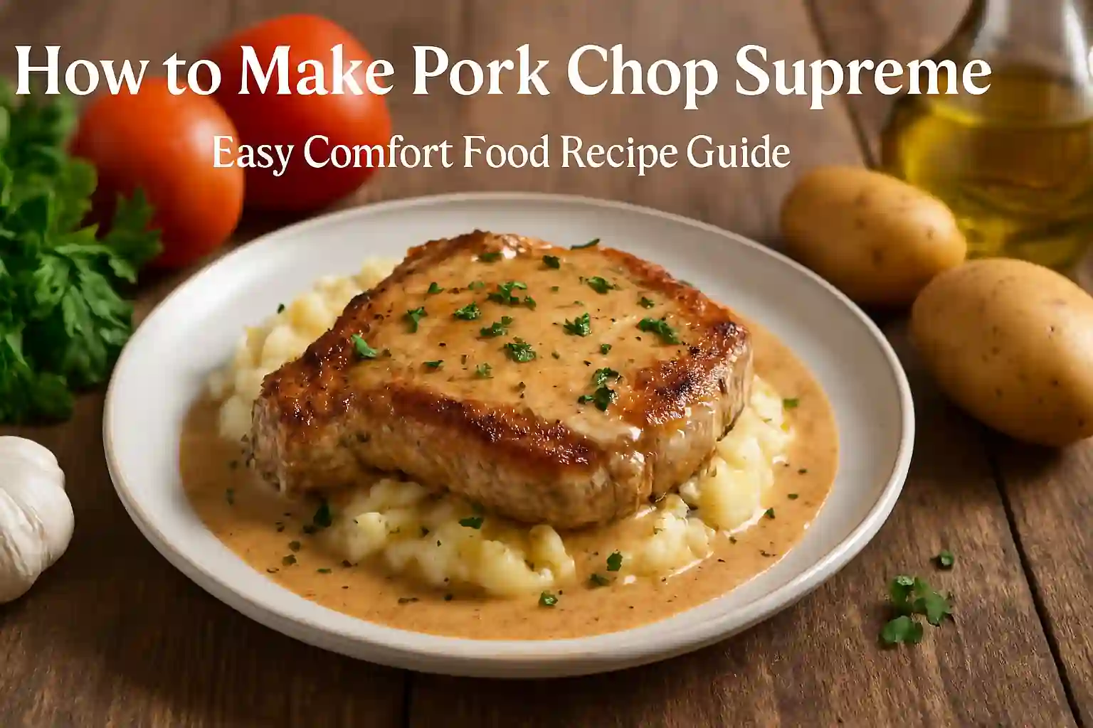 Beautifully plated Pork Chop Supreme on rustic wooden table with fresh herbs and vegetables in cozy kitchen lighting.