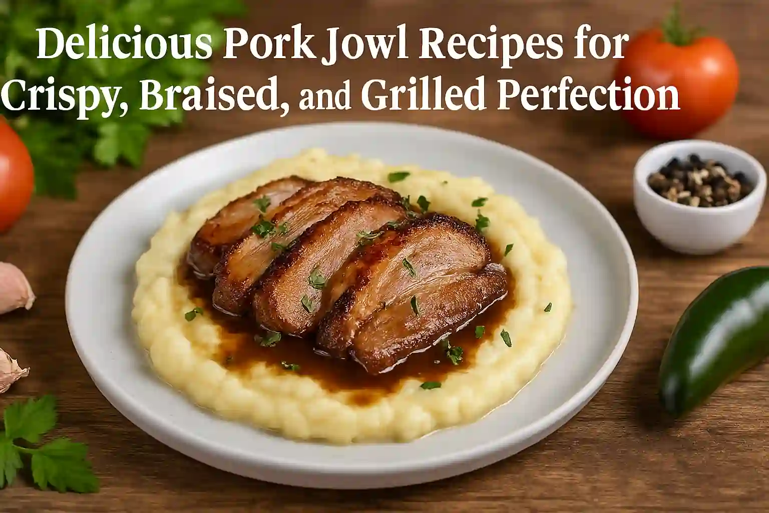 Beautifully plated pork jowl in three styles—crispy, braised, and grilled—on a rustic wooden table surrounded by fresh ingredients, softly lit in a cozy kitchen setting.