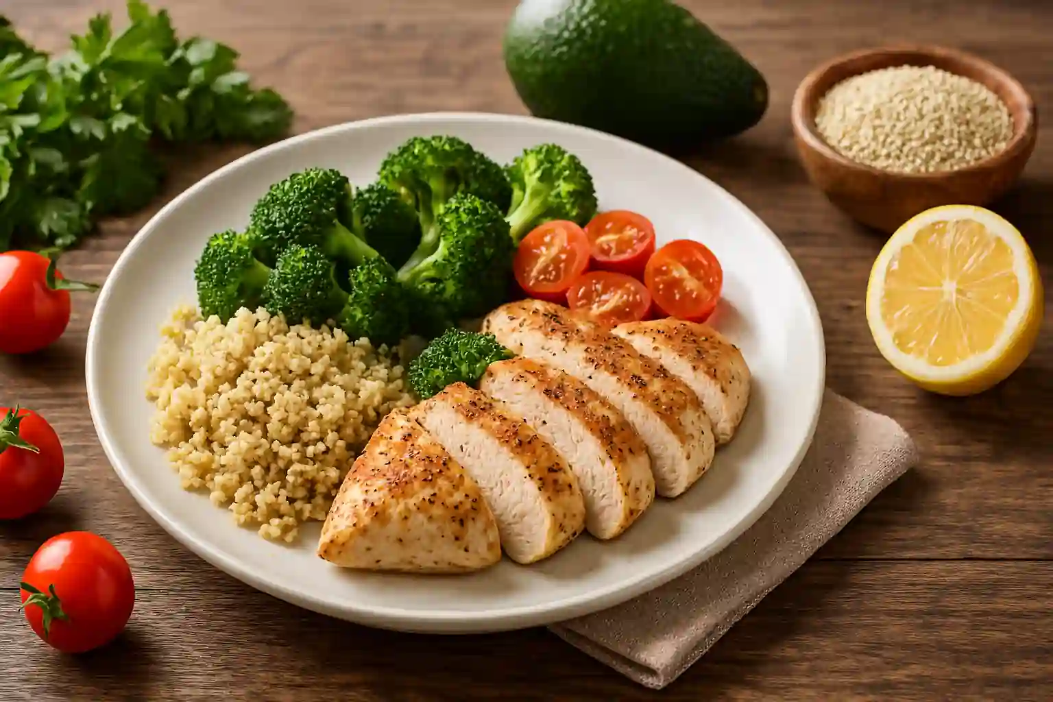 A rustic wooden table displays a plated Roam diet meal surrounded by fresh ingredients, with natural lighting and cozy kitchen ambiance in a horizontal 1280x720 format.