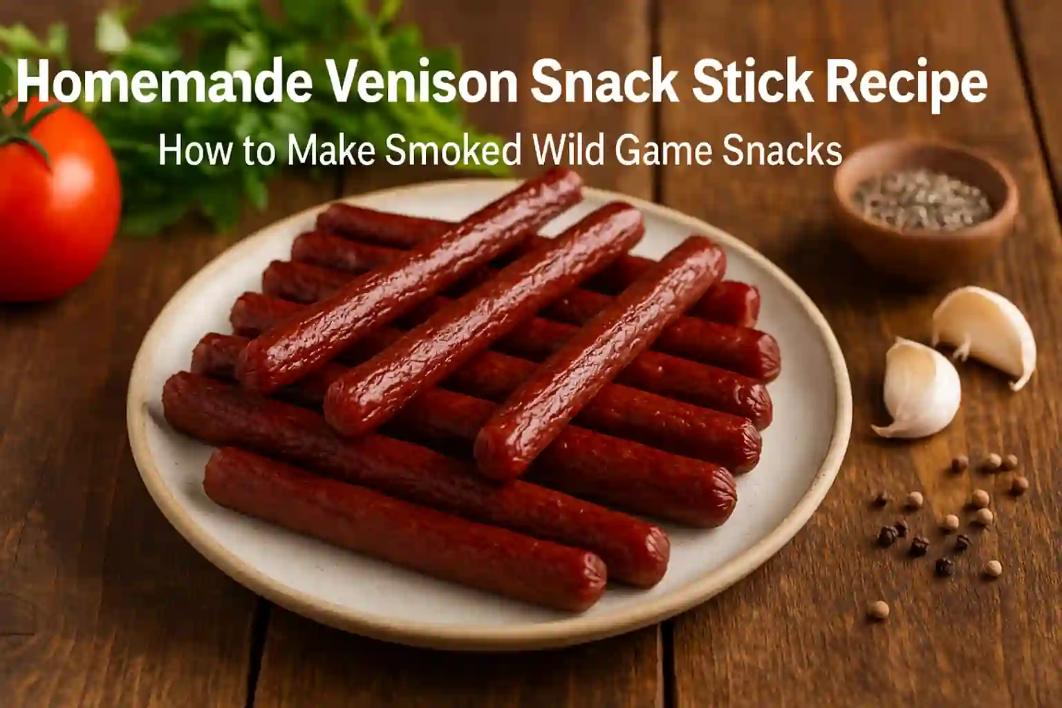 Plate of smoked venison snack sticks on a rustic wooden table, surrounded by fresh herbs and ingredients, in cozy natural lighting.