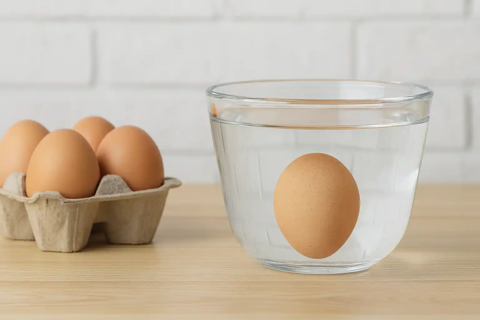 Fresh egg submerged in water for a float test, with carton eggs nearby on a wooden surface