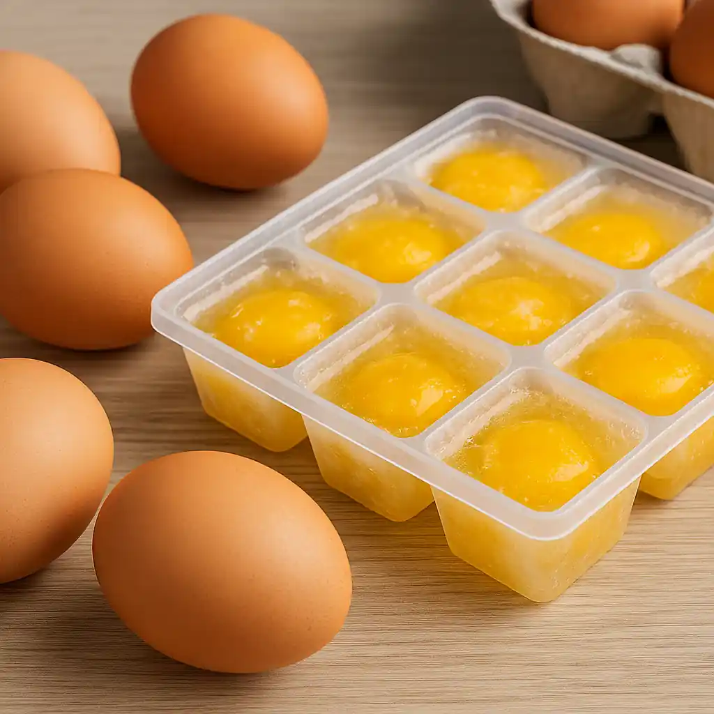 Fresh brown eggs and frozen yolks in an ice cube tray on a wooden surface, illustrating safe egg freezing techniques.