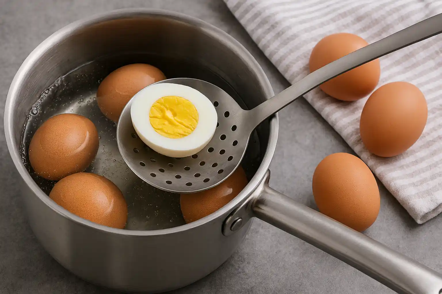 Perfectly boiled egg sliced open to reveal a bright yellow yolk on a white plate, ideal for illustrating hard-boiled egg preparation.