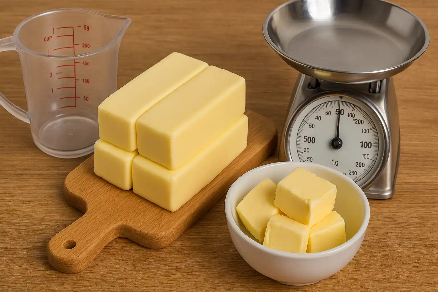 Butter conversion visual showing sticks of butter, a measuring cup, and a kitchen scale displaying grams on a wooden surface