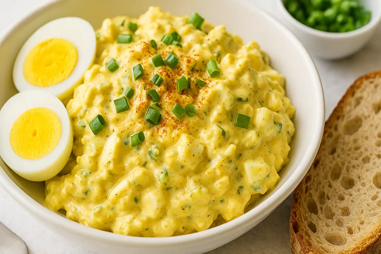 Creamy classic egg salad garnished with scallions and paprika, served in a white bowl with rustic bread and boiled egg halves on a light background.