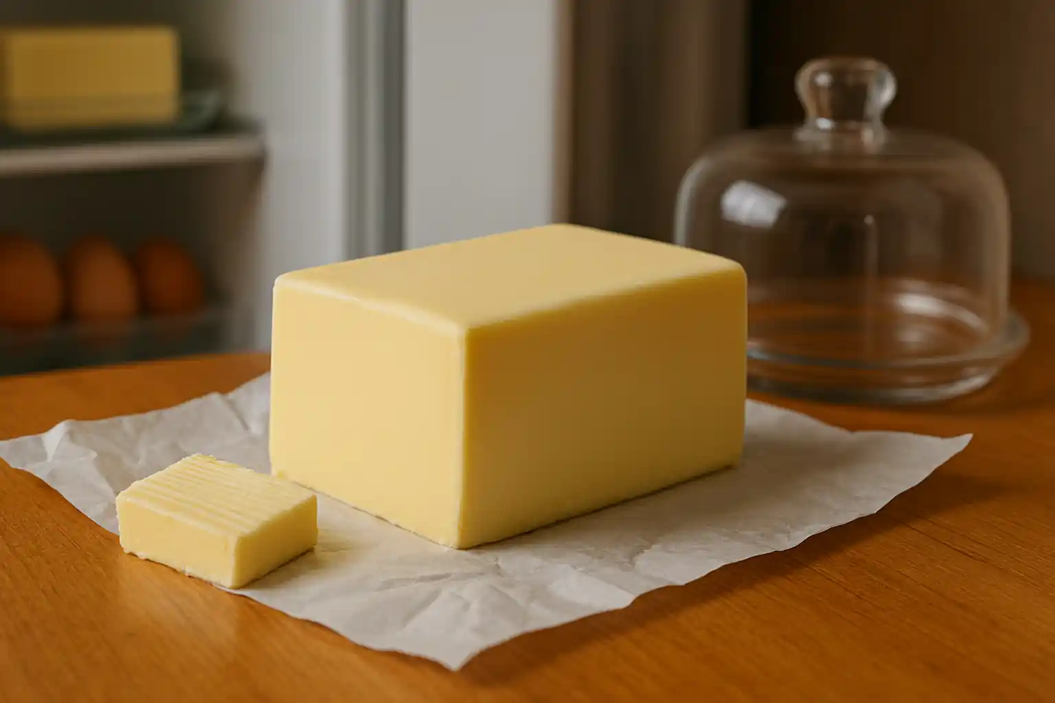 Butter block on wax paper at room temperature beside a refrigerated butter dish, illustrating proper butter storage options.