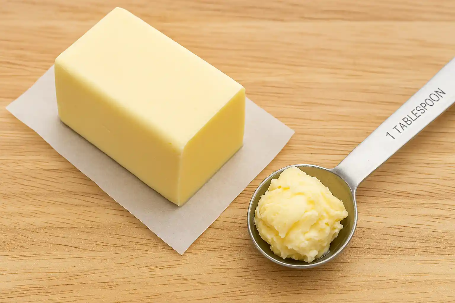 Stick of butter next to a stainless steel tablespoon on a wooden cutting board, illustrating butter measurement conversion