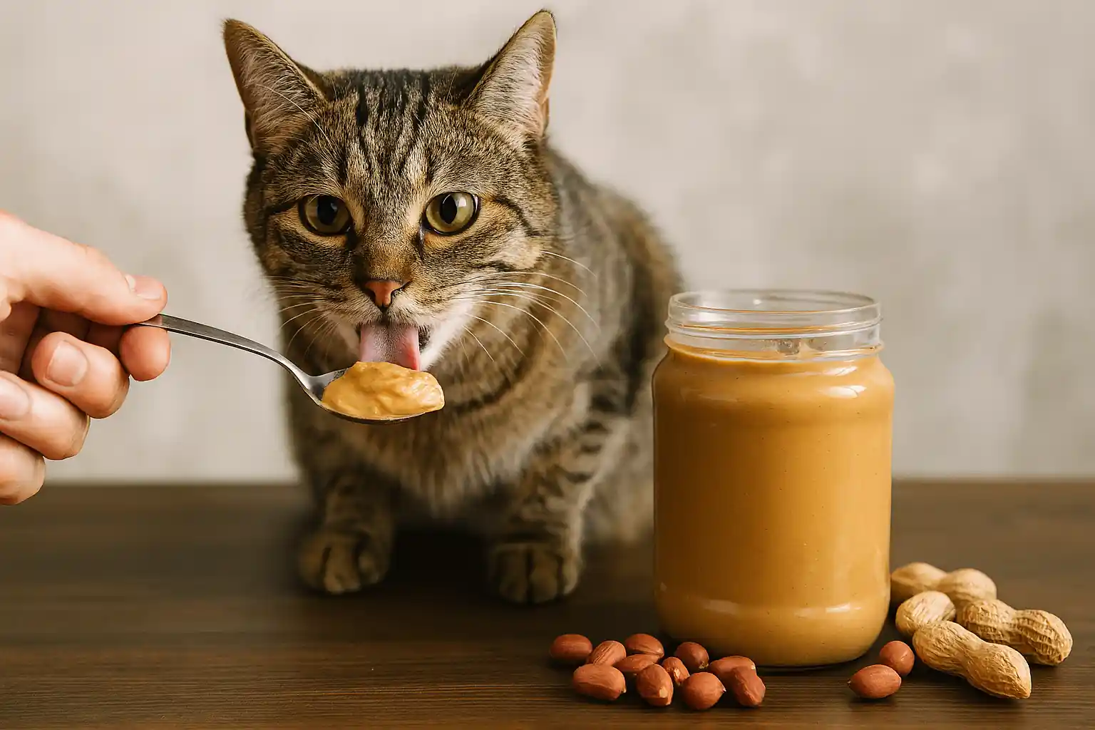 Tabby cat licking peanut butter from a spoon beside a jar and peanuts on a kitchen counter