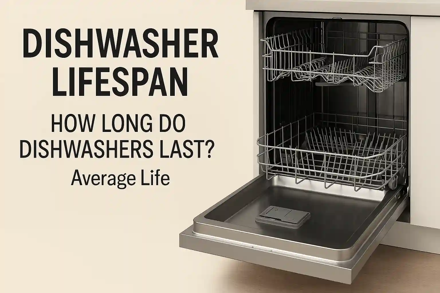 Open stainless steel dishwasher with bold text overlay discussing average lifespan and durability of dishwashers