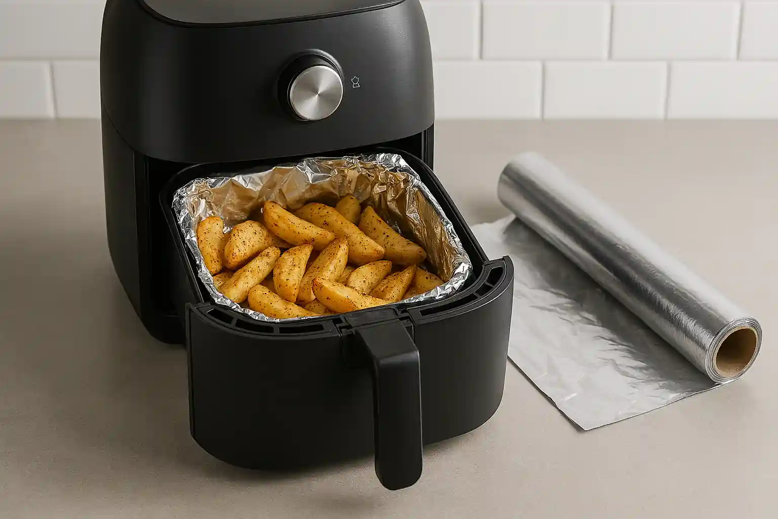 Air fryer with aluminum foil-lined basket cooking seasoned potato wedges, demonstrating safe foil usage in a modern kitchen setting.