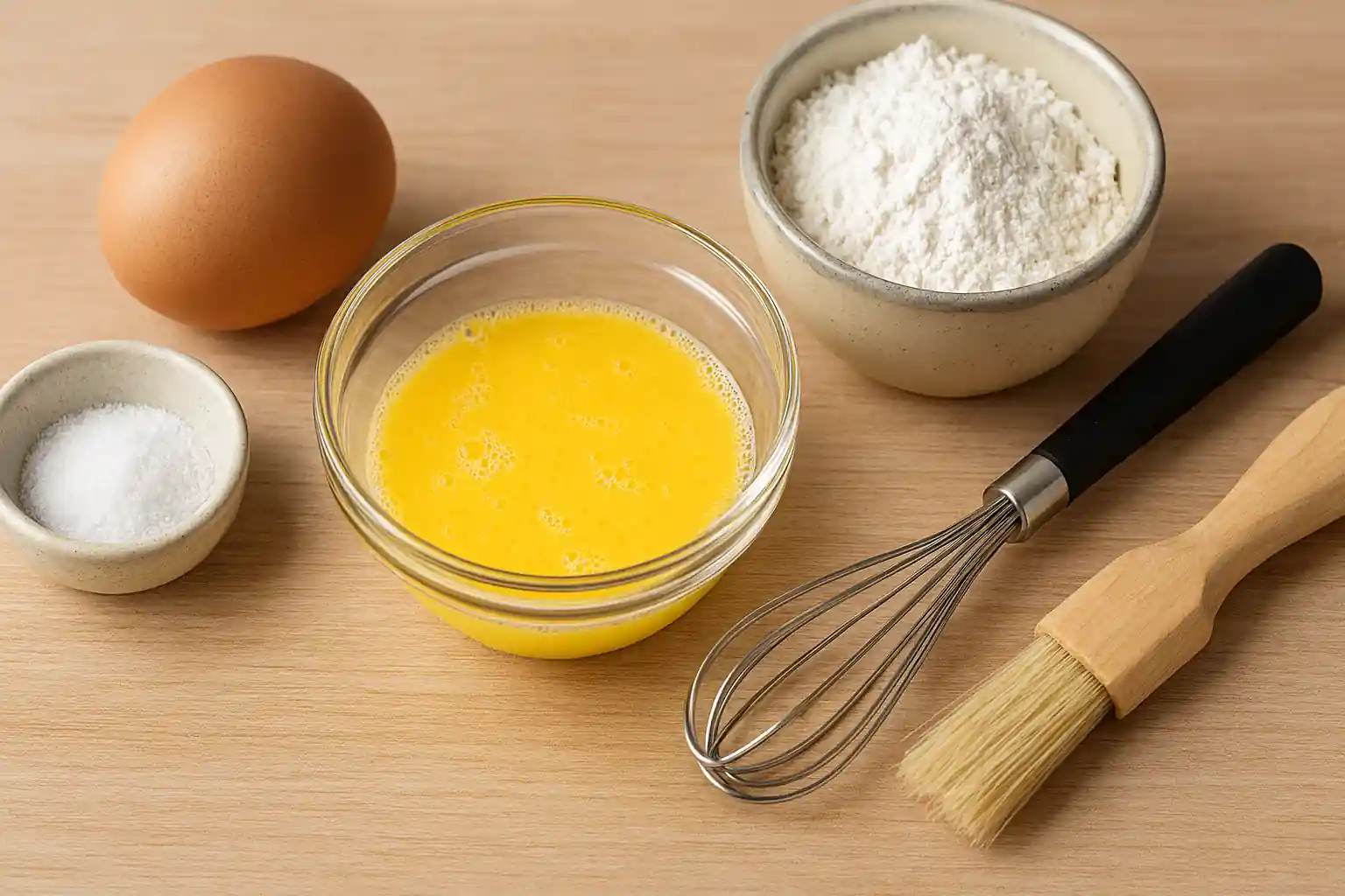 Whisked egg wash in a glass bowl with baking ingredients and tools arranged on a wooden surface, illustrating a basic egg wash recipe for pastry and crust.