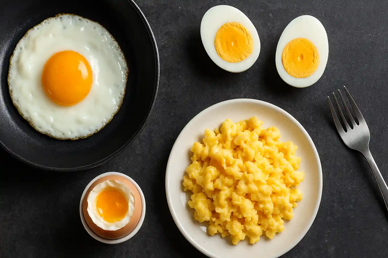 Realistic visual of four easy egg cooking methods—fried, boiled, poached, and scrambled—arranged on a dark textured surface for culinary inspiration.