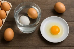Egg freshness test showing eggs floating and sinking in water, with cracked egg on plate and carton nearby