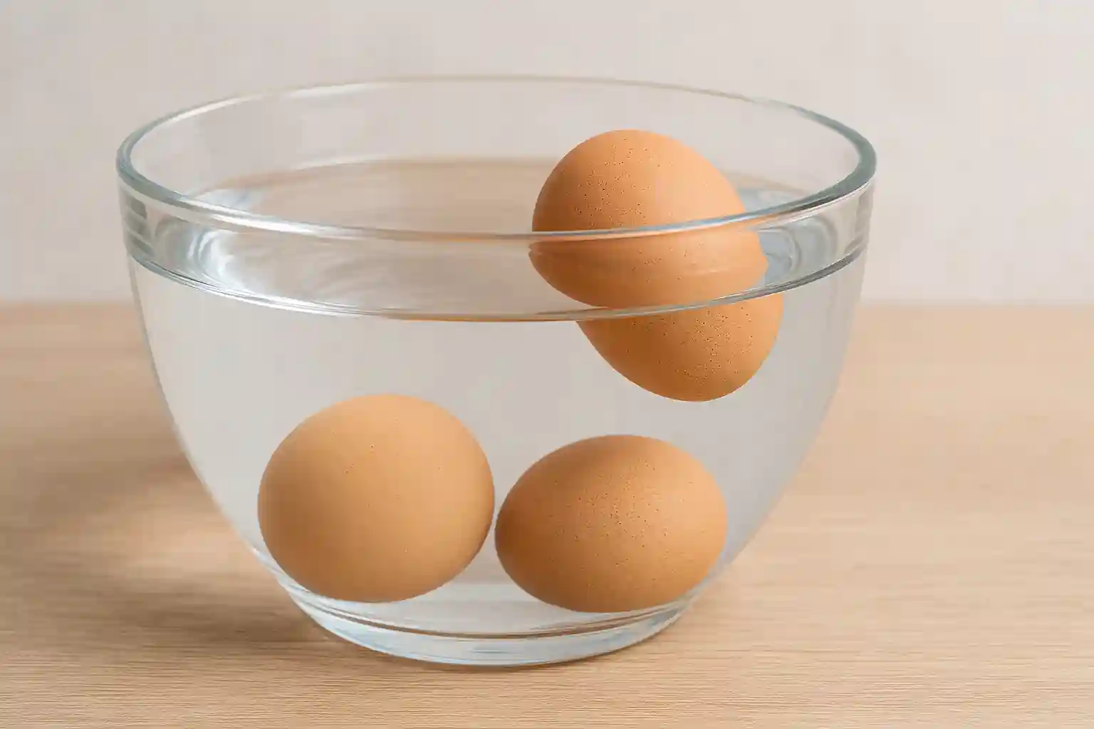 Three brown eggs in a clear glass bowl of water demonstrating the float test for egg freshness—one egg flat at the bottom, one upright in the middle, and one floating at the top.