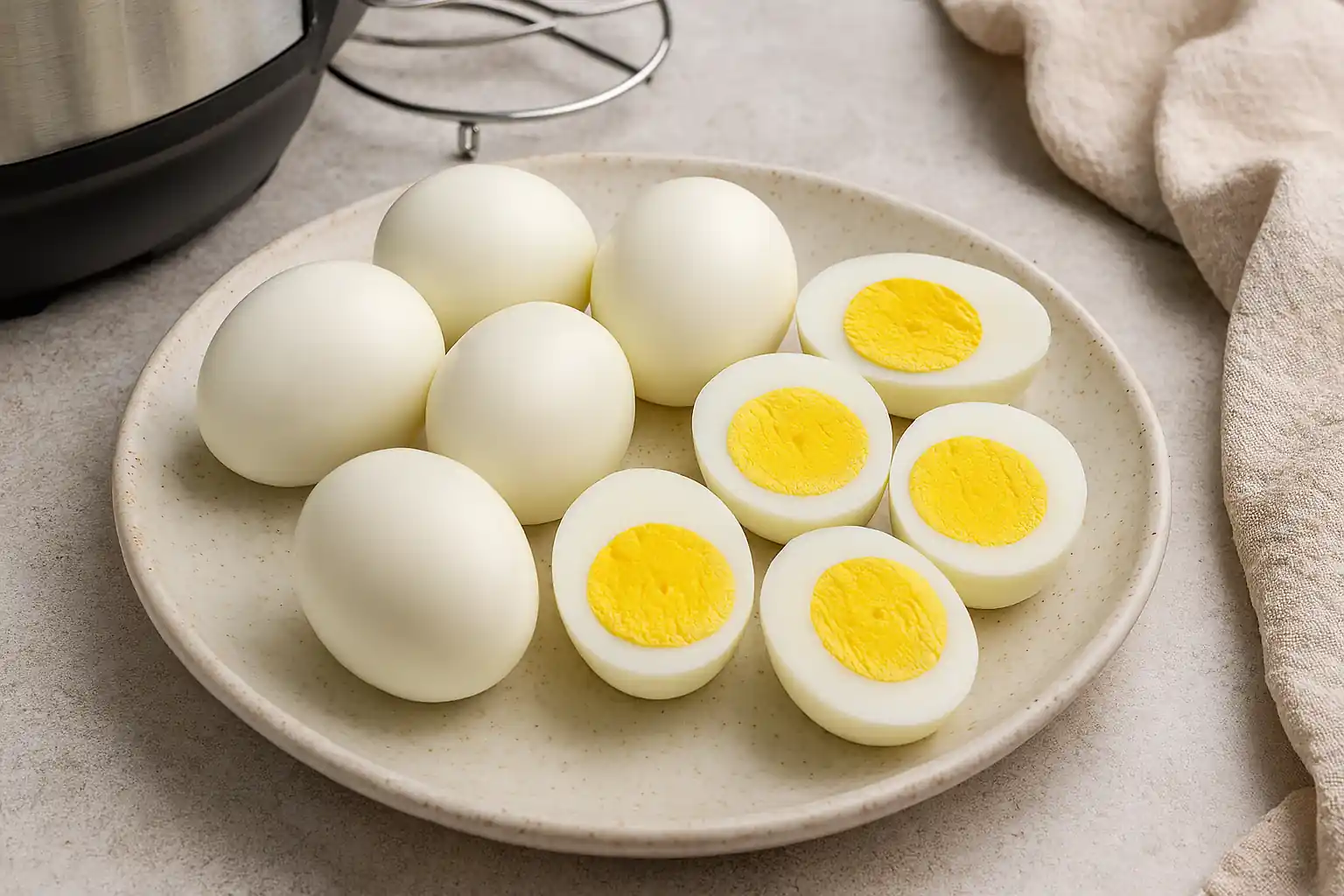 Perfectly cooked hard boiled eggs using the Instant Pot 5-5-5 method, displayed on a ceramic plate with an Instant Pot in the background
