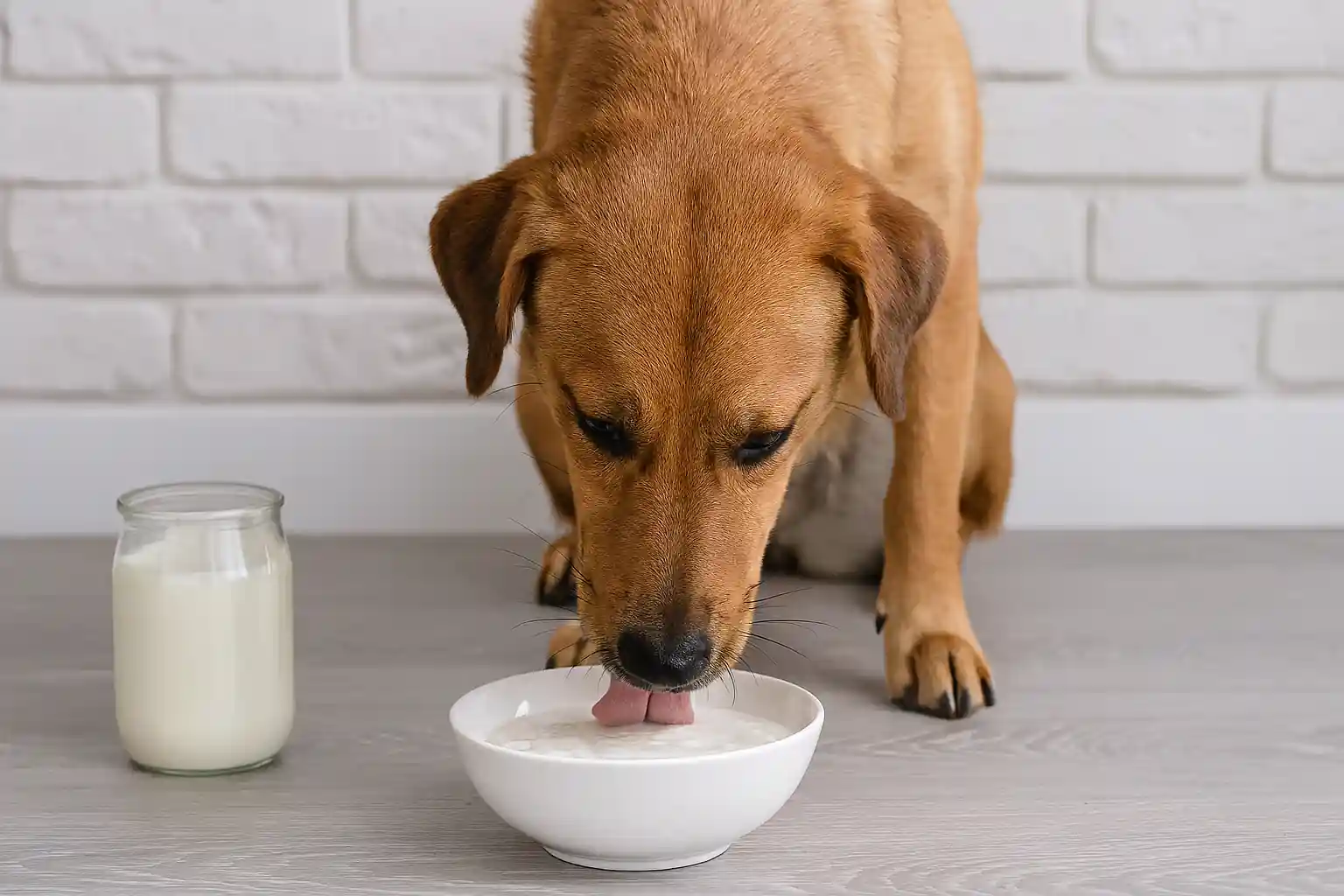 Golden-brown dog eating plain yogurt from a white bowl on a wooden floor with a white brick wall background