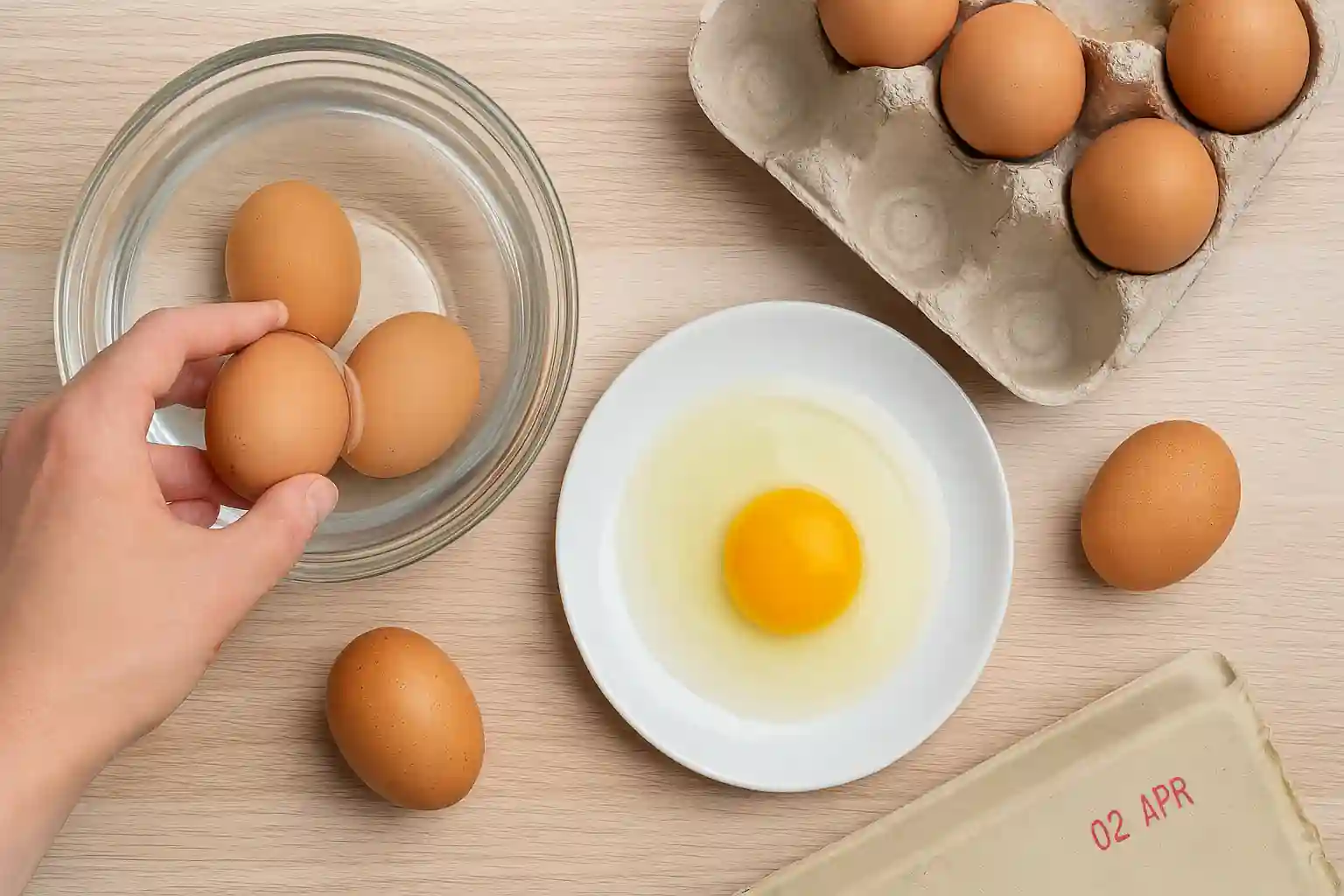 Egg freshness tests at home showing eggs in water, a cracked egg on a plate, and an egg carton with expiration date