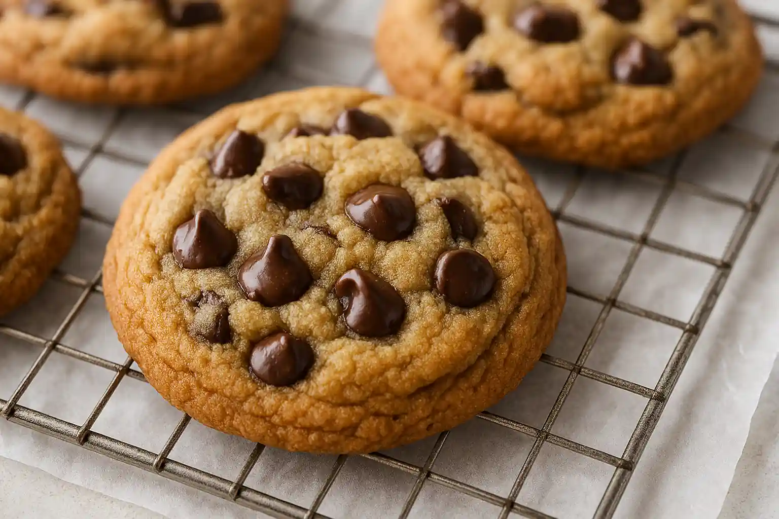 Freshly baked chocolate chip cookies on a rustic wooden table with soft natural lighting and baking ingredients in the background