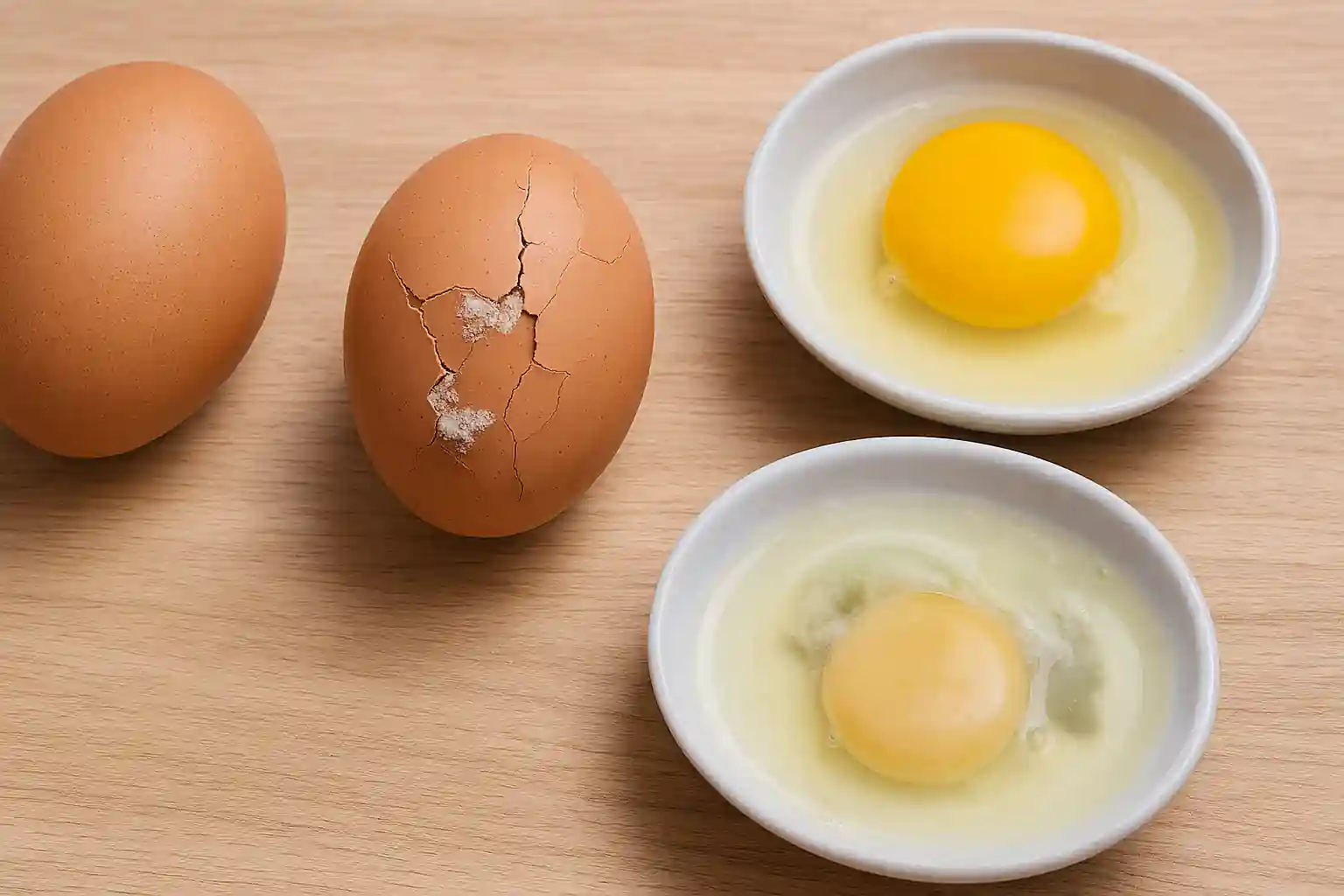 Realistic comparison of fresh and spoiled eggs showing intact shell, cracked egg with firm yolk and thick white, and a rotten egg with mold and discoloration on a wooden surface.