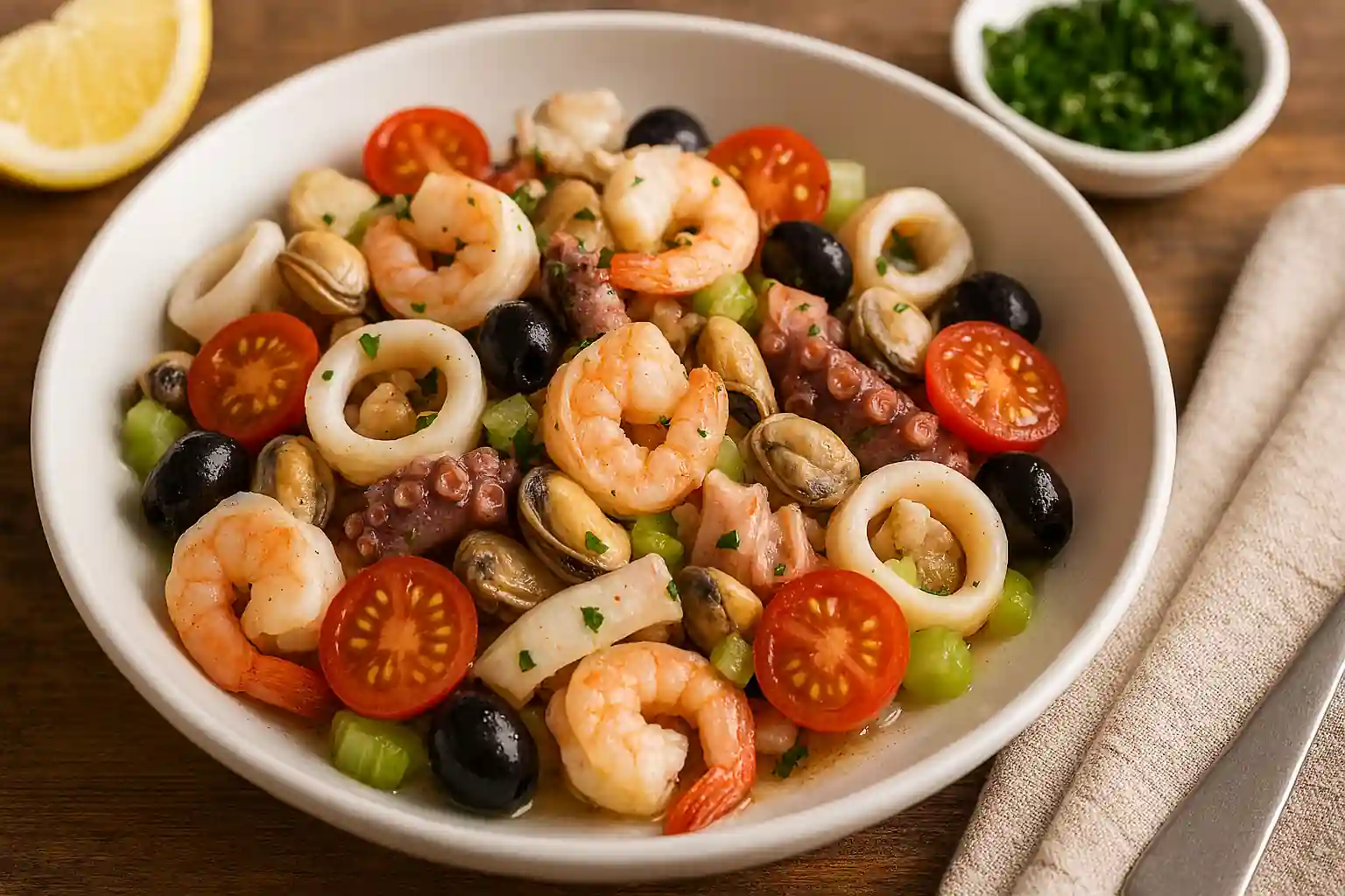 Seafood Salad di Mare featuring shrimp, squid, octopus, clams, mussels, cherry tomatoes, olives, and celery garnished with parsley in a white bowl on a rustic wooden table