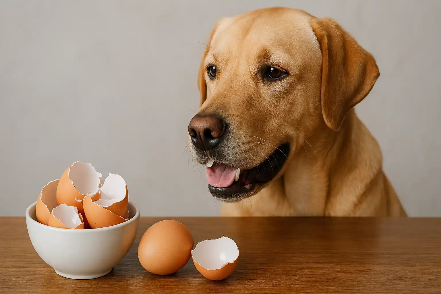 Golden retriever curiously inspecting a bowl of cracked eggshells on a wooden table, illustrating canine interest in eggshell safety and nutrition.