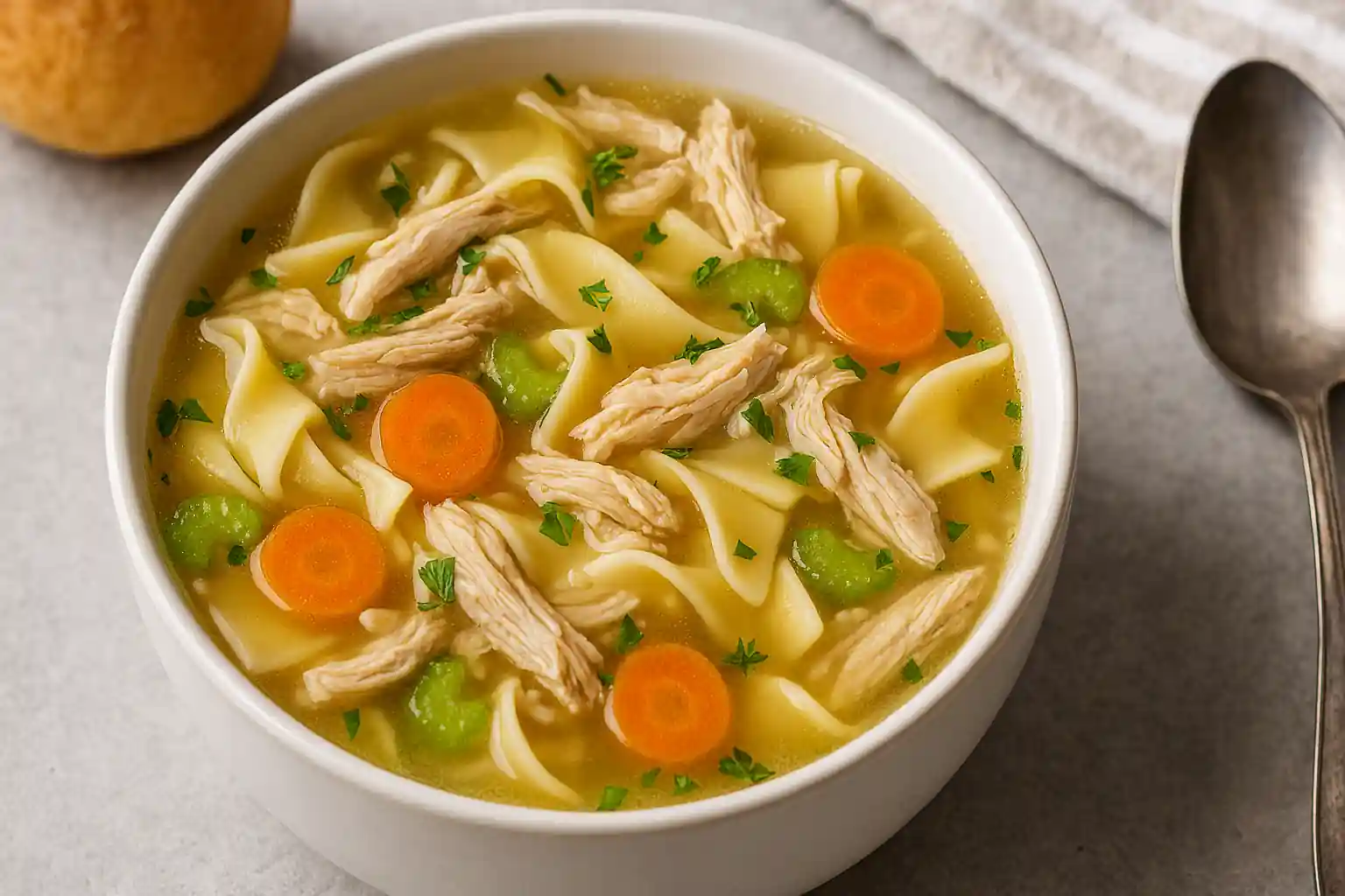 Instant Pot chicken noodle soup with shredded chicken, egg noodles, carrots, and celery in a white bowl on a stone countertop