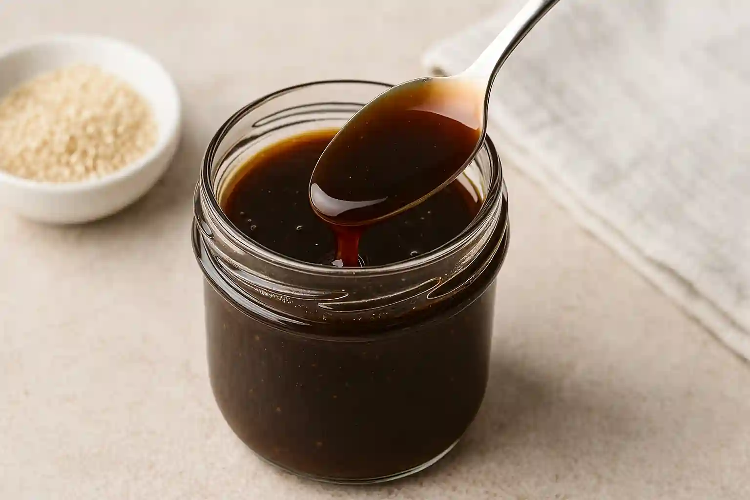 Glossy homemade teriyaki sauce in a glass jar with spoon drizzle, sesame seeds on the side