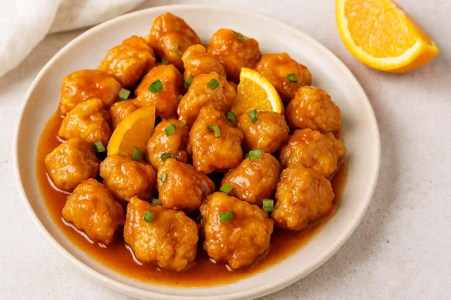Crispy orange chicken glazed in tangy sauce, garnished with scallions and sesame seeds, served with steamed rice on a white plate