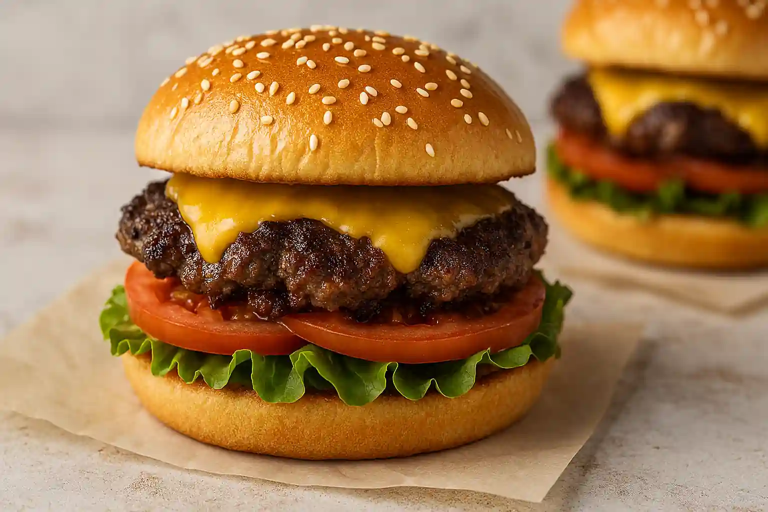 Realistic smash burger with crispy beef patty, melted cheese, fresh lettuce, tomato, and sesame bun on parchment paper