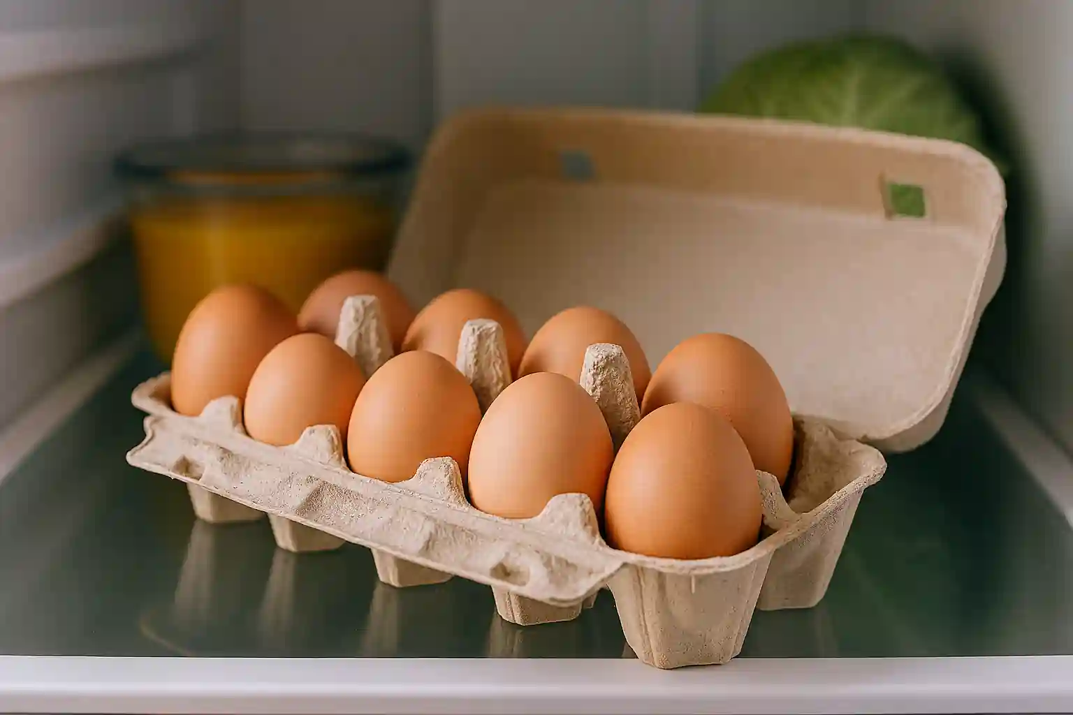Eggs stored in a protective carton at the back of a refrigerator shelf, illustrating best practices for keeping eggs fresh and odor-free.